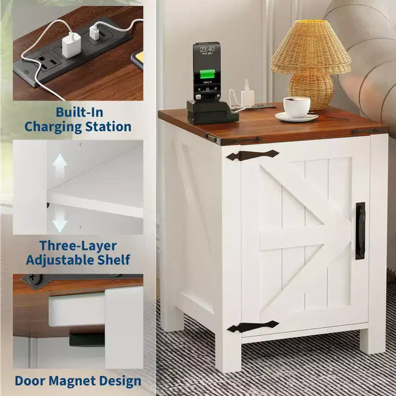 Set of 2 Farmhouse Nightstands with Charging Station, 18 Wooden Bedside Tables with Sliding Barn Door,Modern 2-Tier End Tables for Bedroom