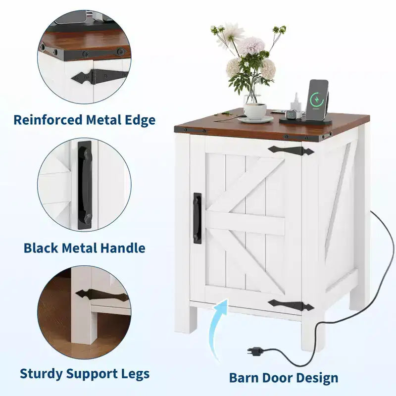 Set of 2 Farmhouse Nightstands with Charging Station, 18 Wooden Bedside Tables with Sliding Barn Door,Modern 2-Tier End Tables for Bedroom