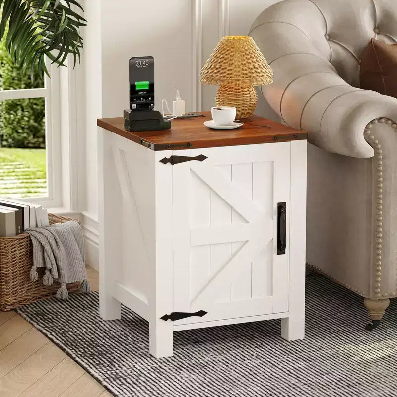 Set of 2 Farmhouse Nightstands with Charging Station, 18 Wooden Bedside Tables with Sliding Barn Door,Modern 2-Tier End Tables for Bedroom