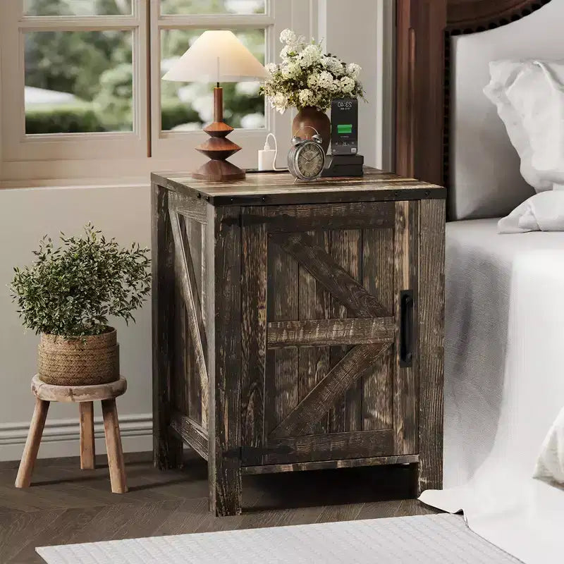 Set of 2 Farmhouse Nightstands with Charging Station, 18 Wooden Bedside Tables with Sliding Barn Door,Modern 2-Tier End Tables for Bedroom