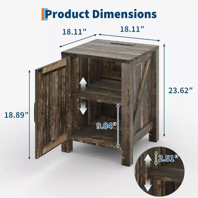 Set of 2 Farmhouse Nightstands with Charging Station, 18 Wooden Bedside Tables with Sliding Barn Door,Modern 2-Tier End Tables for Bedroom