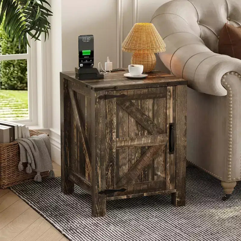 Set of 2 Farmhouse Nightstands with Charging Station, 18 Wooden Bedside Tables with Sliding Barn Door,Modern 2-Tier End Tables for Bedroom