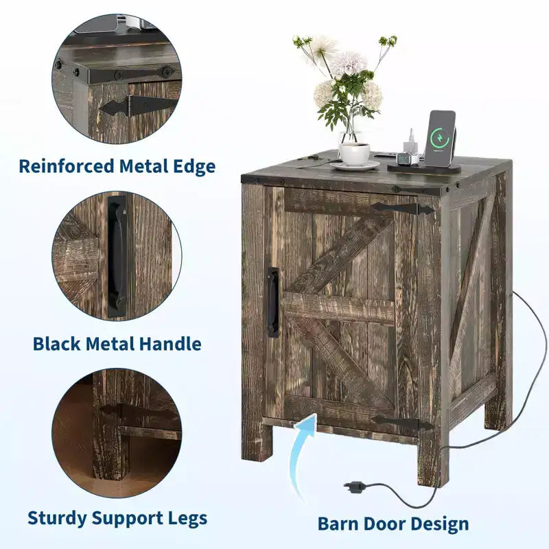 Set of 2 Farmhouse Nightstands with Charging Station, 18 Wooden Bedside Tables with Sliding Barn Door,Modern 2-Tier End Tables for Bedroom
