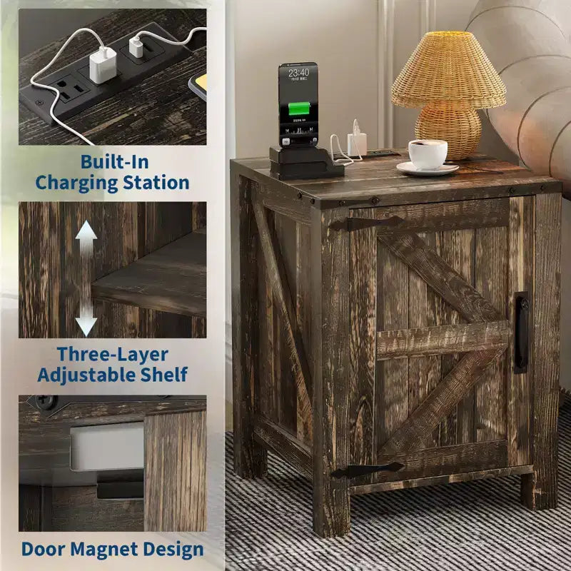 Set of 2 Farmhouse Nightstands with Charging Station, 18 Wooden Bedside Tables with Sliding Barn Door,Modern 2-Tier End Tables for Bedroom