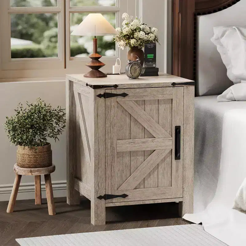 Set of 2 Farmhouse Nightstands with Charging Station, 18 Wooden Bedside Tables with Sliding Barn Door,Modern 2-Tier End Tables for Bedroom