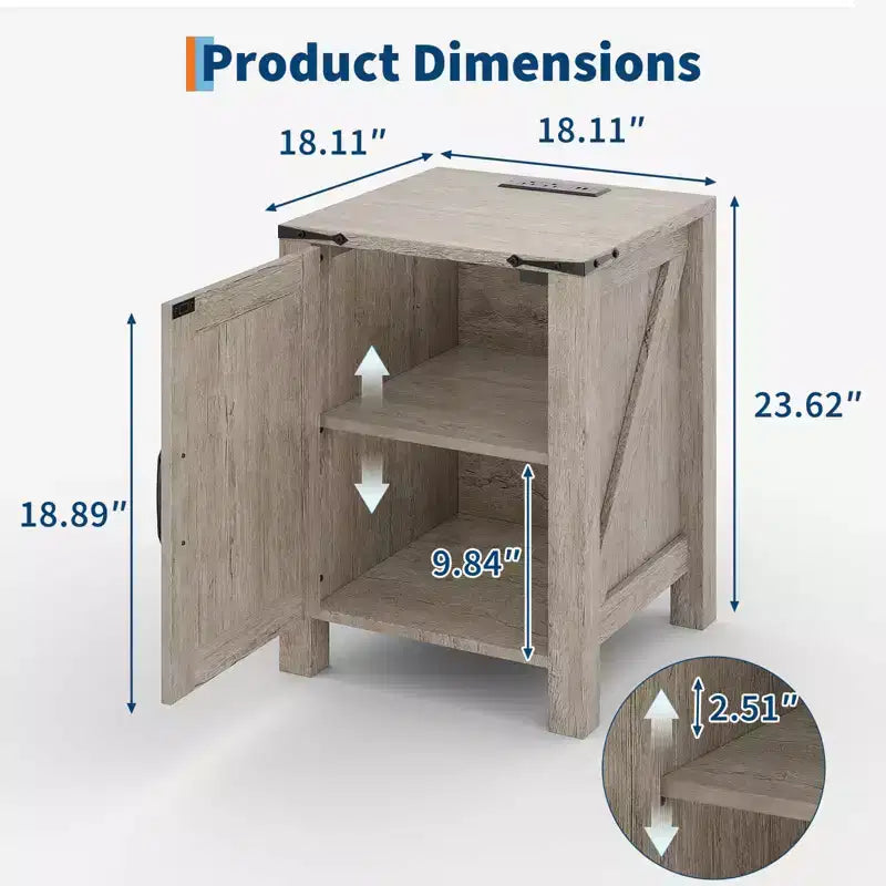 Set of 2 Farmhouse Nightstands with Charging Station, 18 Wooden Bedside Tables with Sliding Barn Door,Modern 2-Tier End Tables for Bedroom