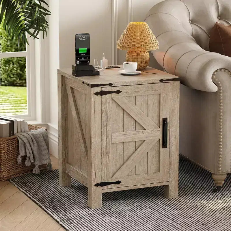 Set of 2 Farmhouse Nightstands with Charging Station, 18 Wooden Bedside Tables with Sliding Barn Door,Modern 2-Tier End Tables for Bedroom