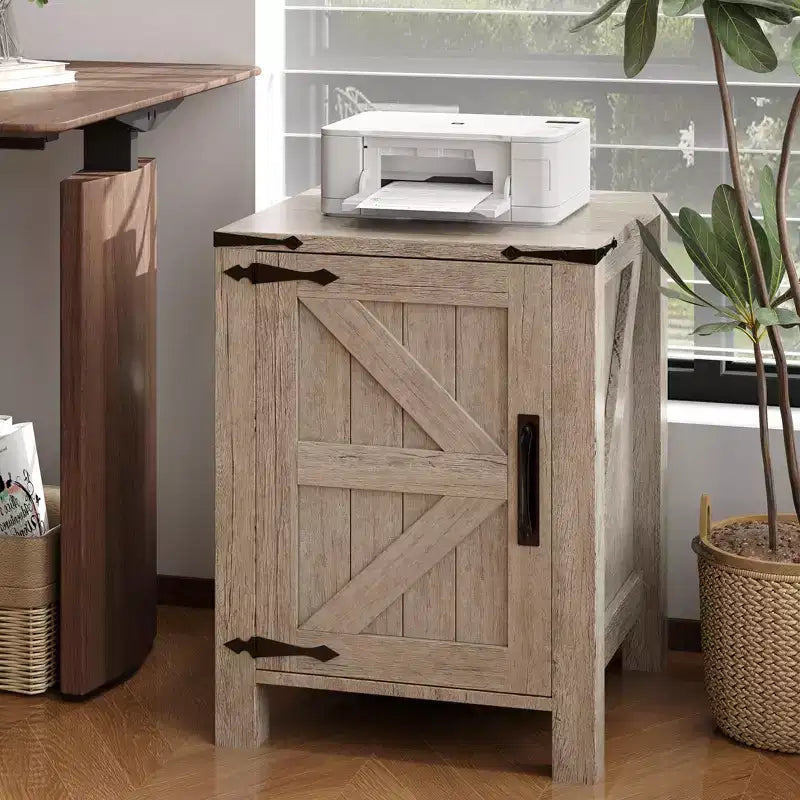 Set of 2 Farmhouse Nightstands with Charging Station, 18 Wooden Bedside Tables with Sliding Barn Door,Modern 2-Tier End Tables for Bedroom