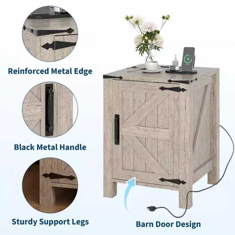 Set of 2 Farmhouse Nightstands with Charging Station, 18 Wooden Bedside Tables with Sliding Barn Door,Modern 2-Tier End Tables for Bedroom