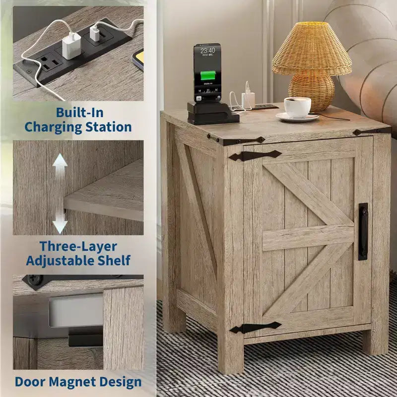 Set of 2 Farmhouse Nightstands with Charging Station, 18 Wooden Bedside Tables with Sliding Barn Door,Modern 2-Tier End Tables for Bedroom