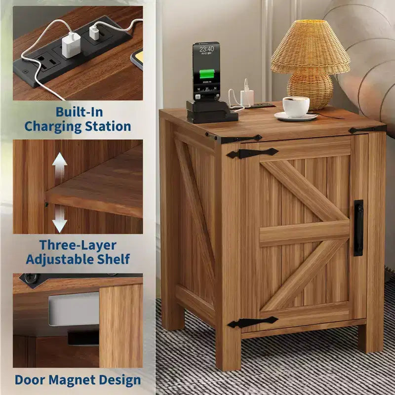 Set of 2 Farmhouse Nightstands with Charging Station, 18 Wooden Bedside Tables with Sliding Barn Door,Modern 2-Tier End Tables for Bedroom