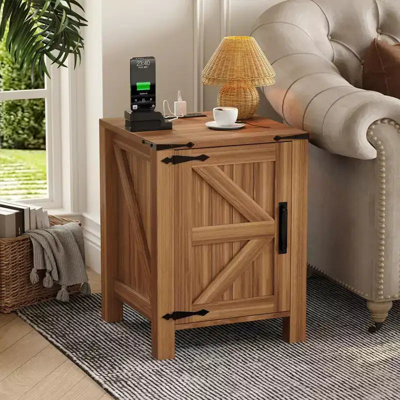 Set of 2 Farmhouse Nightstands with Charging Station, 18 Wooden Bedside Tables with Sliding Barn Door,Modern 2-Tier End Tables for Bedroom
