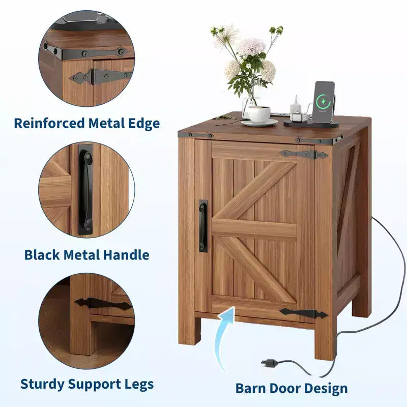 Set of 2 Farmhouse Nightstands with Charging Station, 18 Wooden Bedside Tables with Sliding Barn Door,Modern 2-Tier End Tables for Bedroom