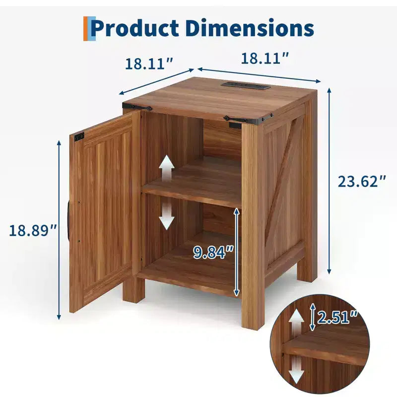 Set of 2 Farmhouse Nightstands with Charging Station, 18 Wooden Bedside Tables with Sliding Barn Door,Modern 2-Tier End Tables for Bedroom
