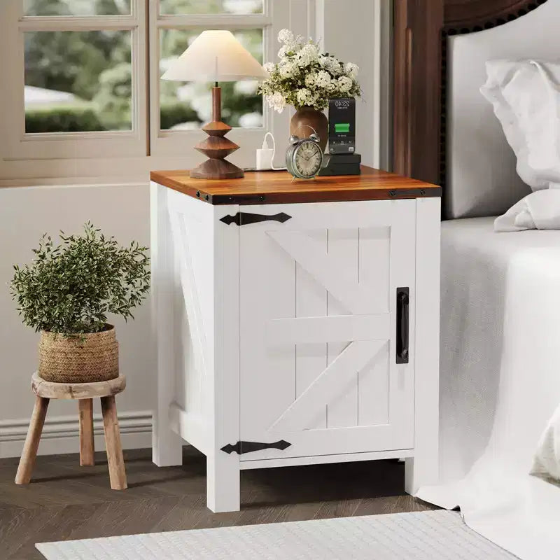 Set of 2 Farmhouse Nightstands with Charging Station, 18 Wooden Bedside Tables with Sliding Barn Door,Modern 2-Tier End Tables for Bedroom