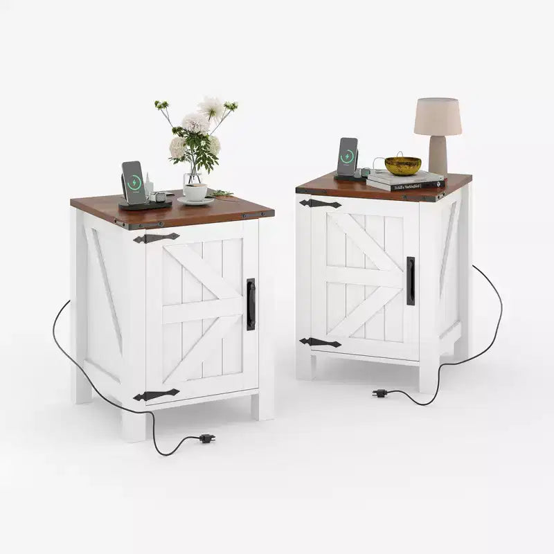 Set of 2 Farmhouse Nightstands with Charging Station, 18 Wooden Bedside Tables with Sliding Barn Door,Modern 2-Tier End Tables for Bedroom