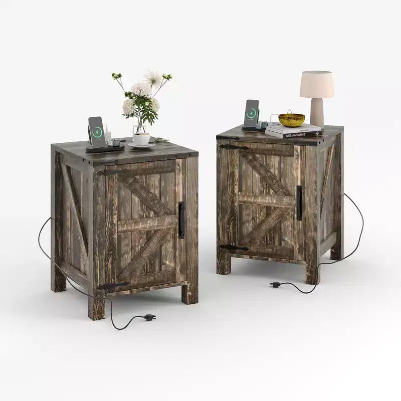 Set of 2 Farmhouse Nightstands with Charging Station, 18 Wooden Bedside Tables with Sliding Barn Door,Modern 2-Tier End Tables for Bedroom