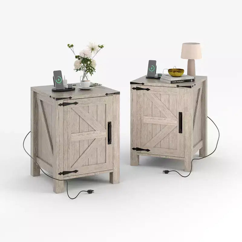 Set of 2 Farmhouse Nightstands with Charging Station, 18 Wooden Bedside Tables with Sliding Barn Door,Modern 2-Tier End Tables for Bedroom
