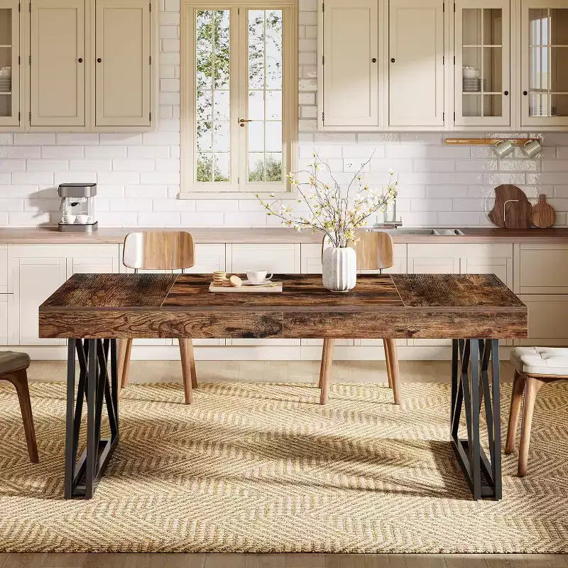 Lantine 63-Inch Dining Table for 4-6, Farmhouse Kitchen Table with Sturdy Metal Legs for Living Room, Vintage Brown & Black