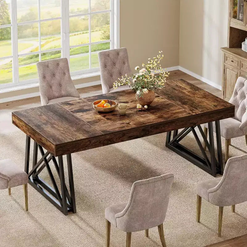 Lantine 63-Inch Dining Table for 4-6, Farmhouse Kitchen Table with Sturdy Metal Legs for Living Room, Vintage Brown & Black