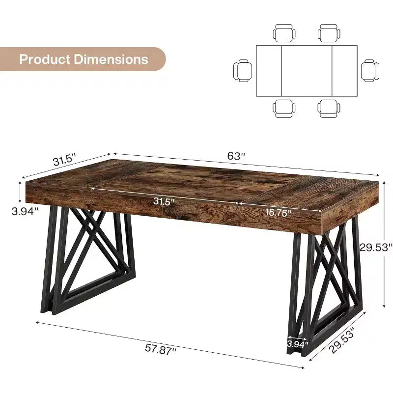 Lantine 63-Inch Dining Table for 4-6, Farmhouse Kitchen Table with Sturdy Metal Legs for Living Room, Vintage Brown & Black