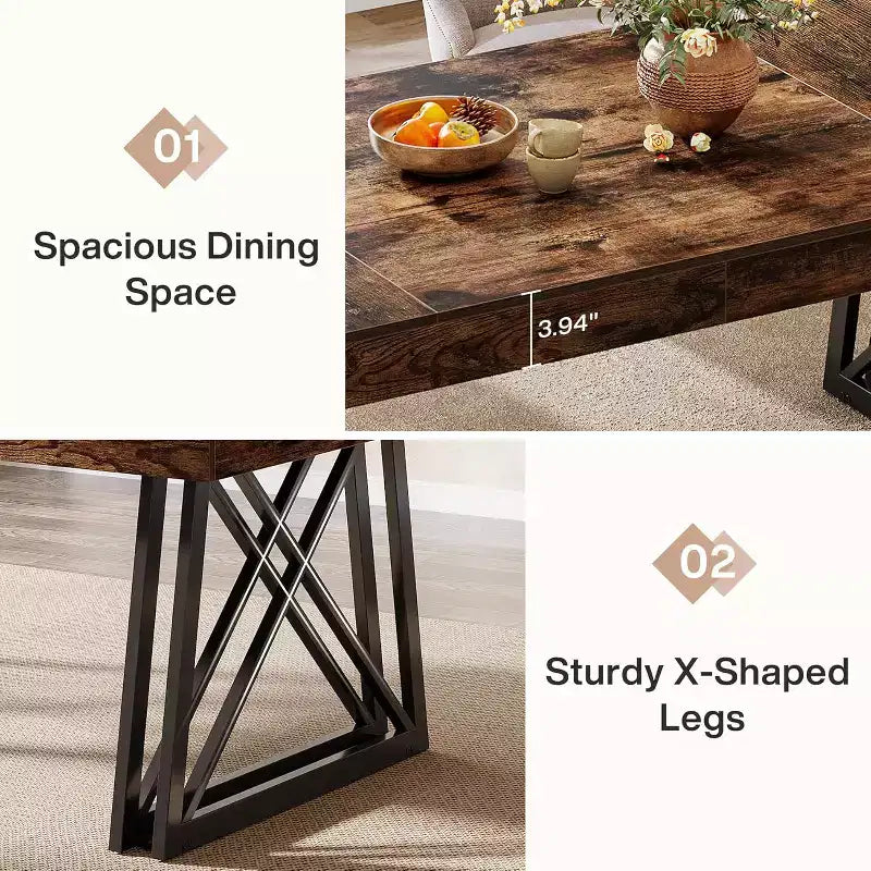 Lantine 63-Inch Dining Table for 4-6, Farmhouse Kitchen Table with Sturdy Metal Legs for Living Room, Vintage Brown & Black