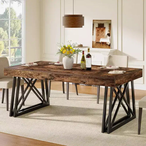 Lantine 63-Inch Dining Table for 4-6, Farmhouse Kitchen Table with Sturdy Metal Legs for Living Room, Vintage Brown & Black