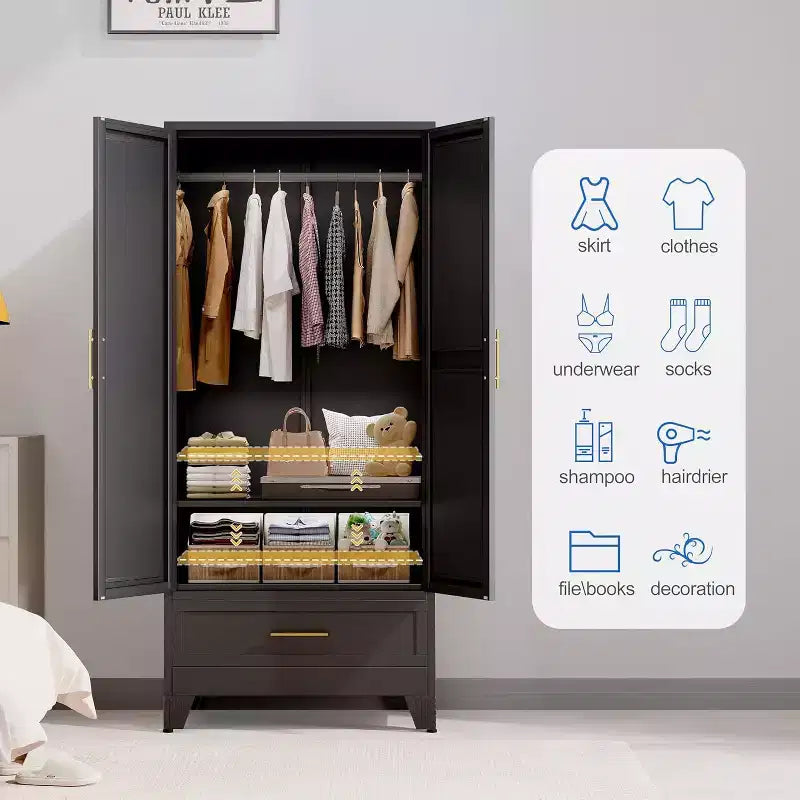 BALHAM TRADE-71 Inch Steel Armoire Wardrobe Closet with Mirror Doors Hanging Rod Drawer Adjustable Shelf