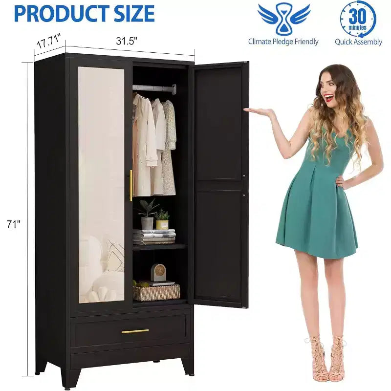 BALHAM TRADE-71 Inch Steel Armoire Wardrobe Closet with Mirror Doors Hanging Rod Drawer Adjustable Shelf