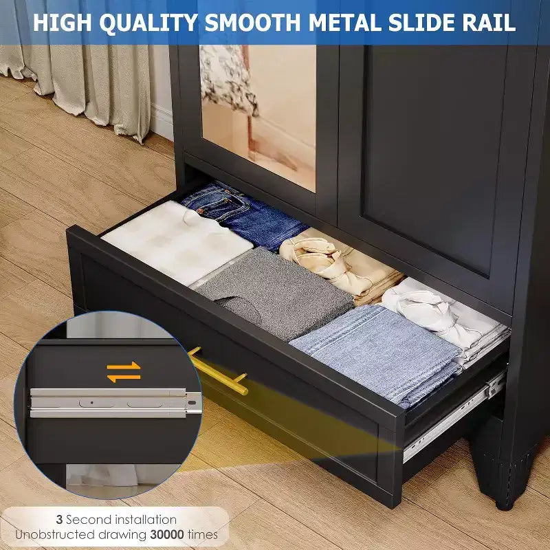 BALHAM TRADE-71 Inch Steel Armoire Wardrobe Closet with Mirror Doors Hanging Rod Drawer Adjustable Shelf