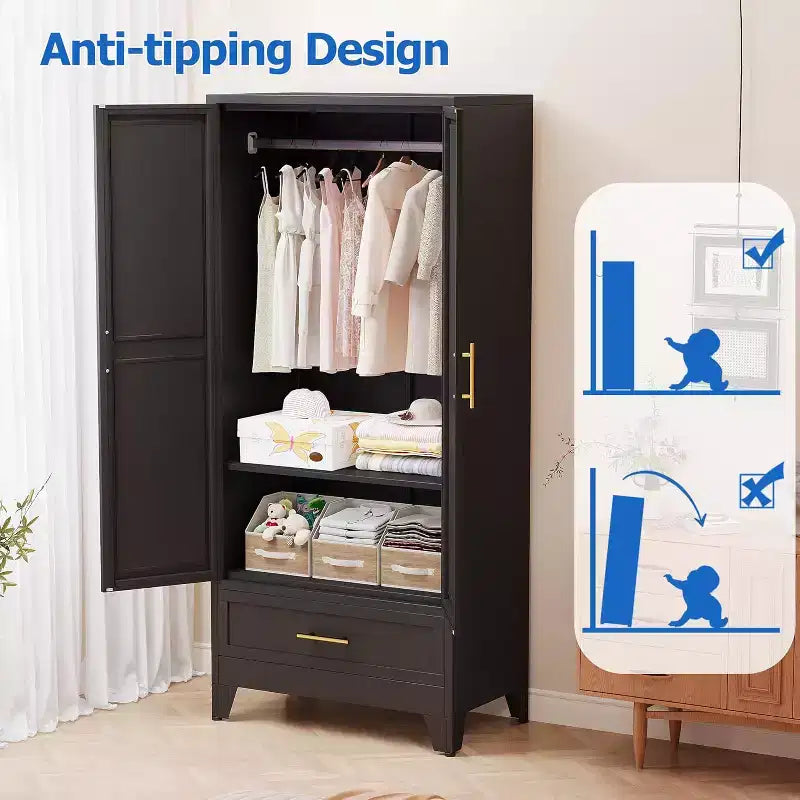 BALHAM TRADE-71 Inch Steel Armoire Wardrobe Closet with Mirror Doors Hanging Rod Drawer Adjustable Shelf