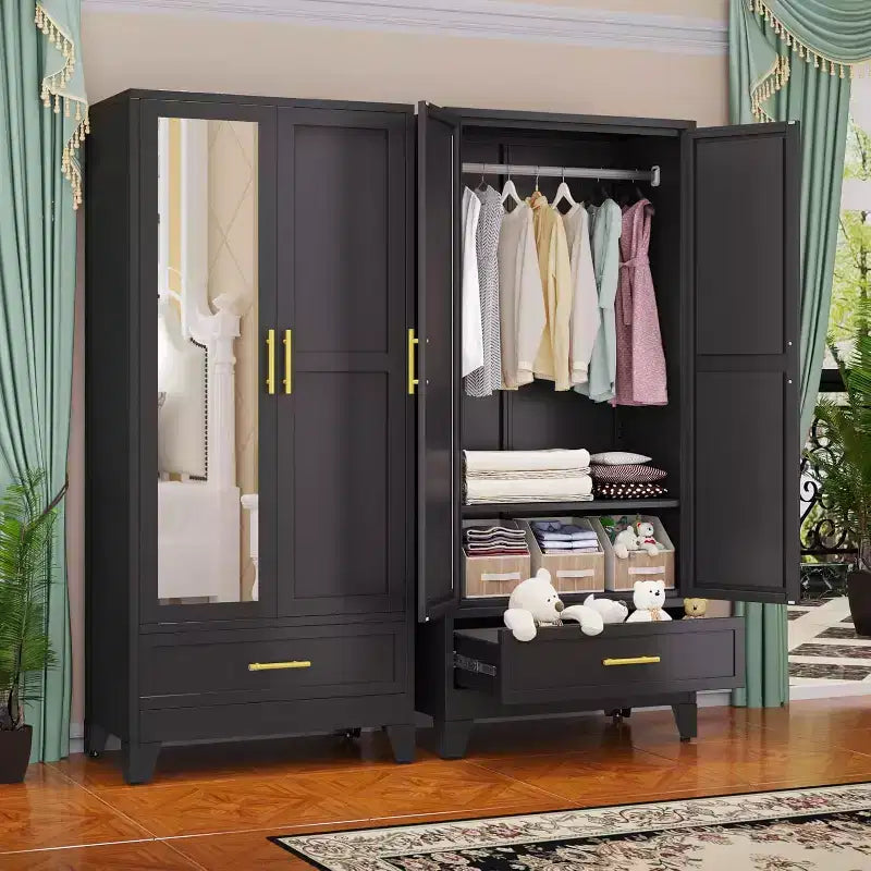 BALHAM TRADE-71 Inch Steel Armoire Wardrobe Closet with Mirror Doors Hanging Rod Drawer Adjustable Shelf