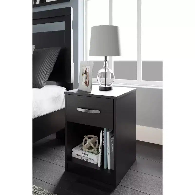 Finch Nightstand Black/Gray: Modern Matte Finish, Open Shelf, Cable Management, MDF & Metal, 22" Tall, Rectangle Shape