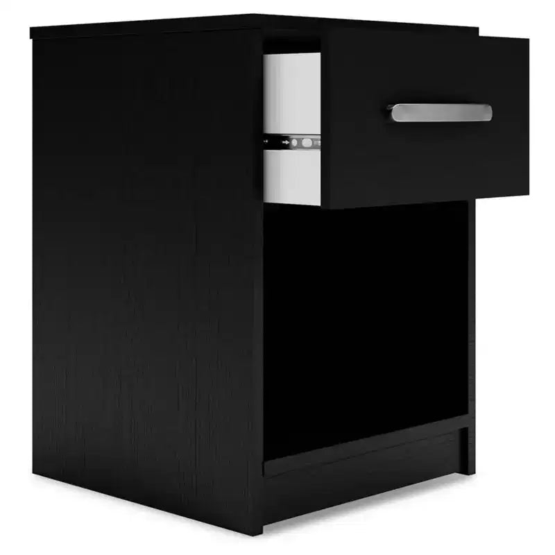 Finch Nightstand Black/Gray: Modern Matte Finish, Open Shelf, Cable Management, MDF & Metal, 22" Tall, Rectangle Shape