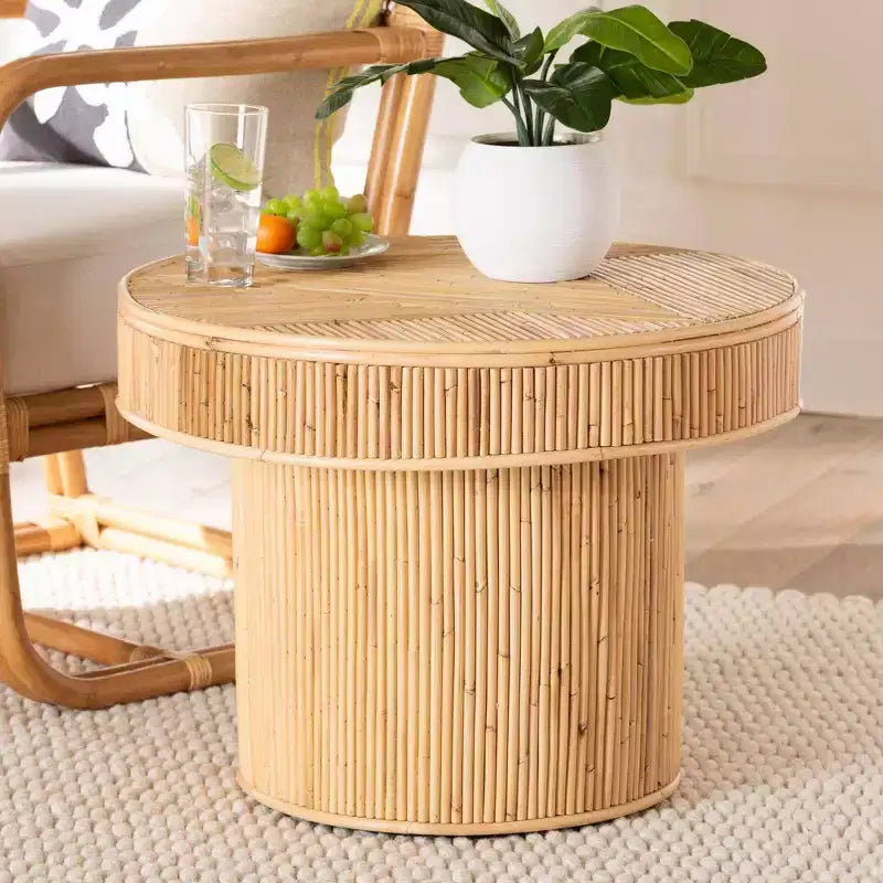 bali & pari Iryna Natural Rattan End Table Light honey: 17.7" High, No Assembly, Round Plywood Frame