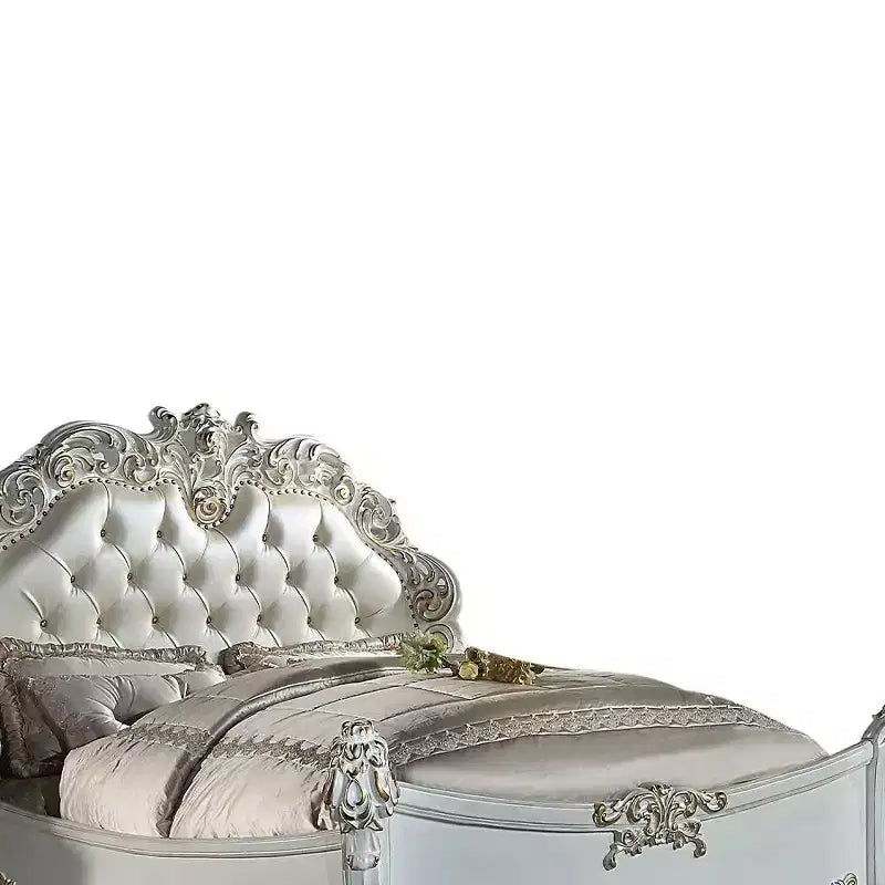 94" Eastern King Bed Vendome Bed Synthetic Leather and Antique Pearl Finish - Acme Furniture: Luxurious Carved Details