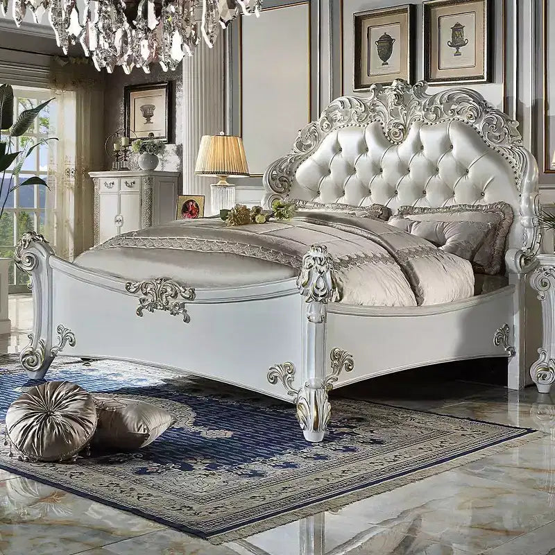 94" Eastern King Bed Vendome Bed Synthetic Leather and Antique Pearl Finish - Acme Furniture: Luxurious Carved Details