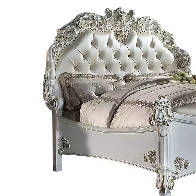 94" Eastern King Bed Vendome Bed Synthetic Leather and Antique Pearl Finish - Acme Furniture: Luxurious Carved Details