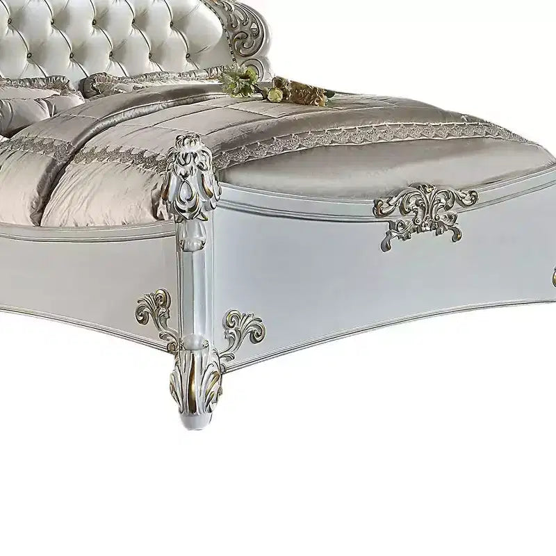 94" Eastern King Bed Vendome Bed Synthetic Leather and Antique Pearl Finish - Acme Furniture: Luxurious Carved Details