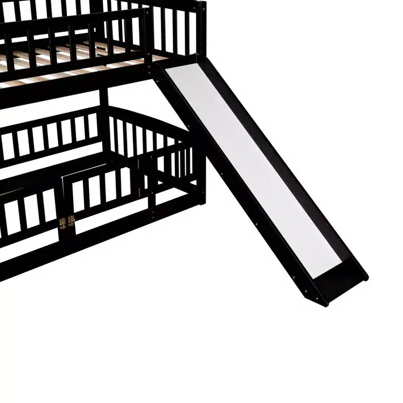 Twin Over Twin Wood Low Bunk Bed with Slide and Ladder-ModernLuxe