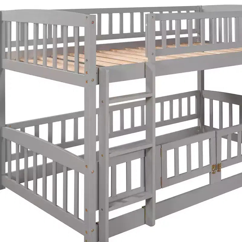 Twin Over Twin Wood Low Bunk Bed with Slide and Ladder-ModernLuxe