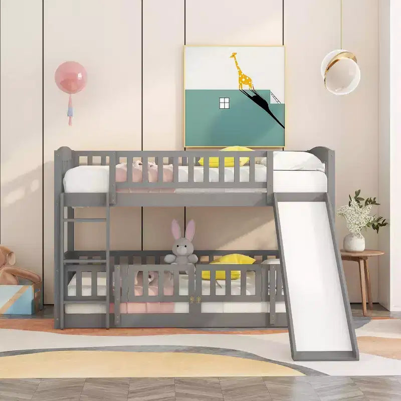 Twin Over Twin Wood Low Bunk Bed with Slide and Ladder-ModernLuxe