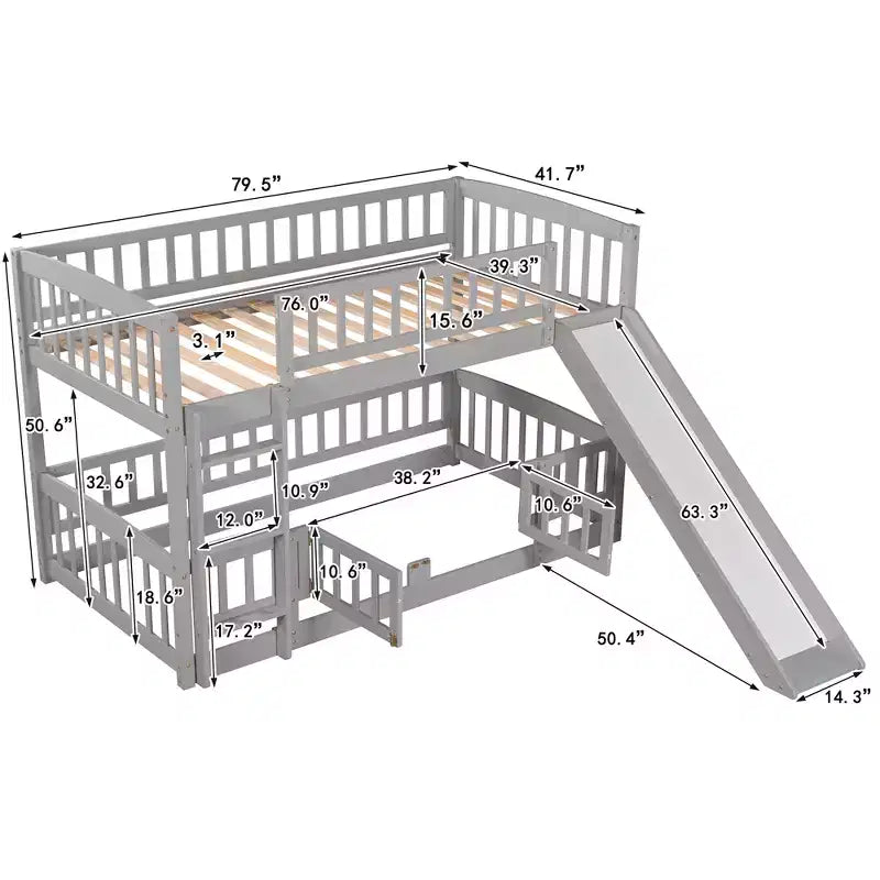 Twin Over Twin Wood Low Bunk Bed with Slide and Ladder-ModernLuxe