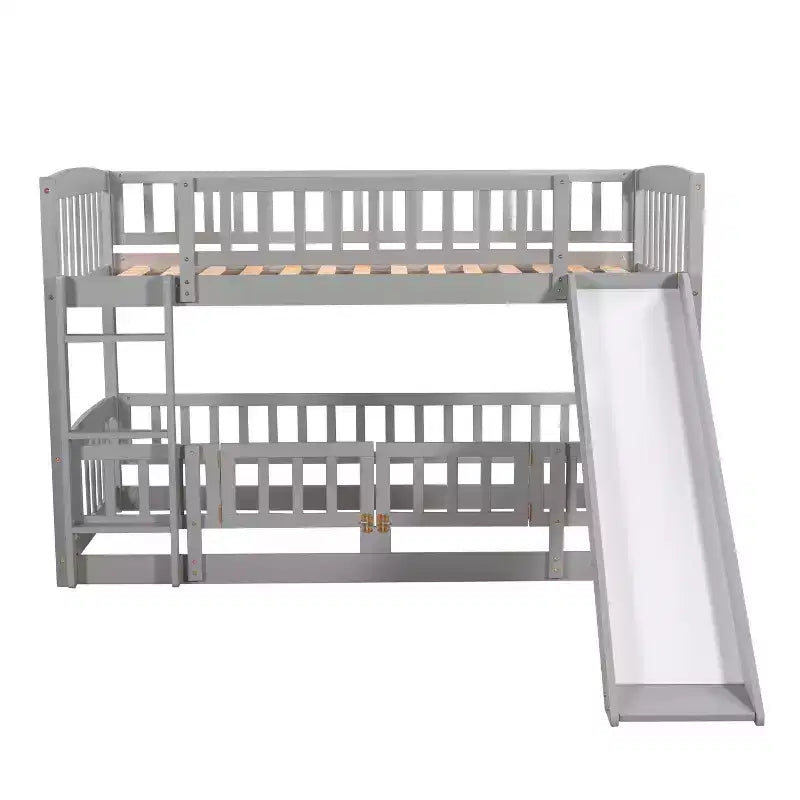 Twin Over Twin Wood Low Bunk Bed with Slide and Ladder-ModernLuxe