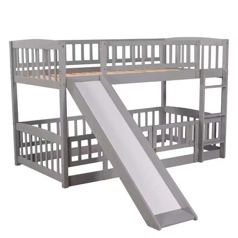 Twin Over Twin Wood Low Bunk Bed with Slide and Ladder-ModernLuxe
