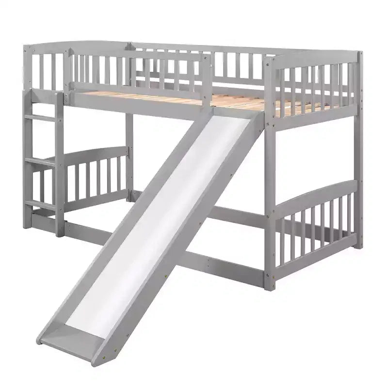 Twin Over Twin Wood Low Bunk Bed with Slide and Ladder-ModernLuxe
