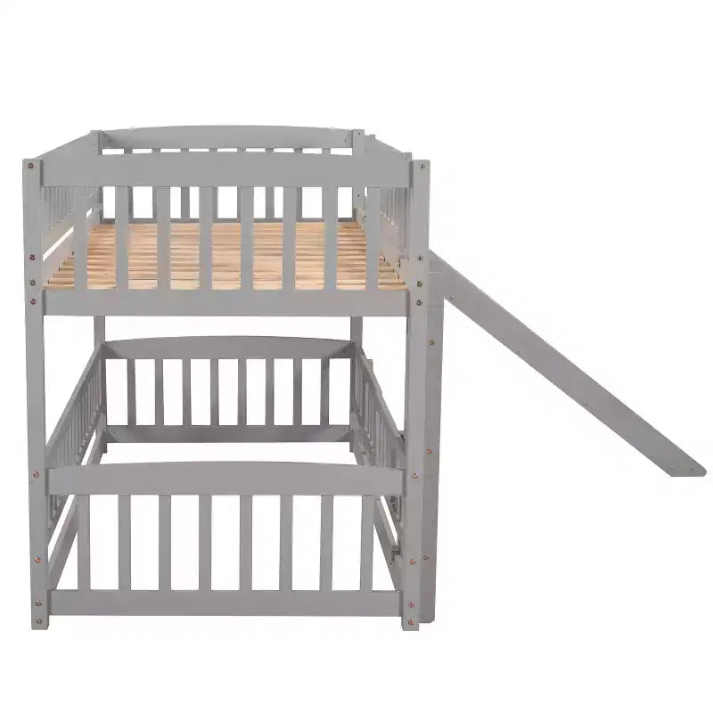 Twin Over Twin Wood Low Bunk Bed with Slide and Ladder-ModernLuxe