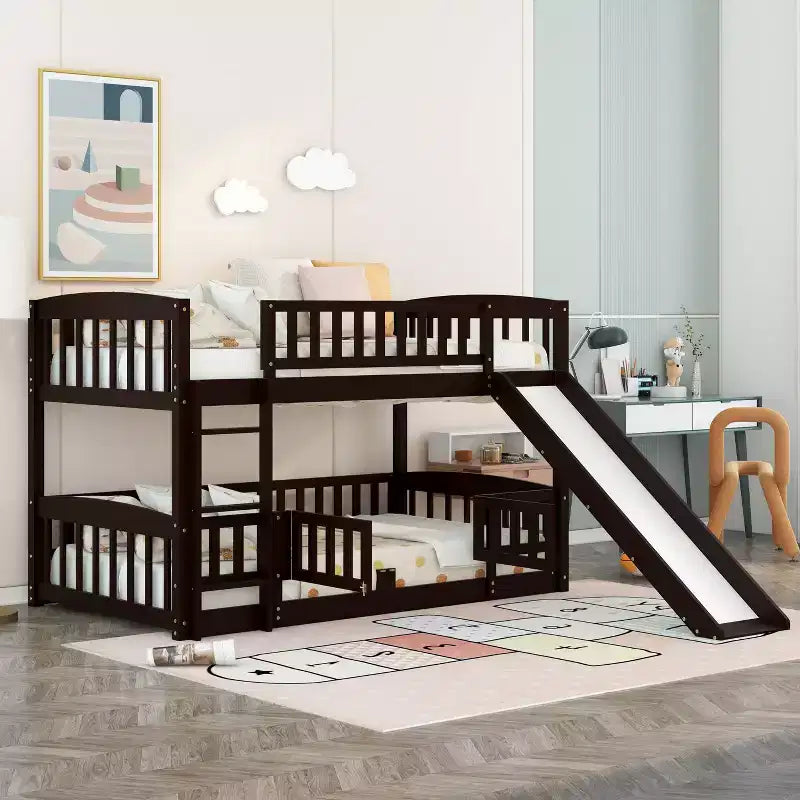 Twin Over Twin Wood Low Bunk Bed with Slide and Ladder-ModernLuxe