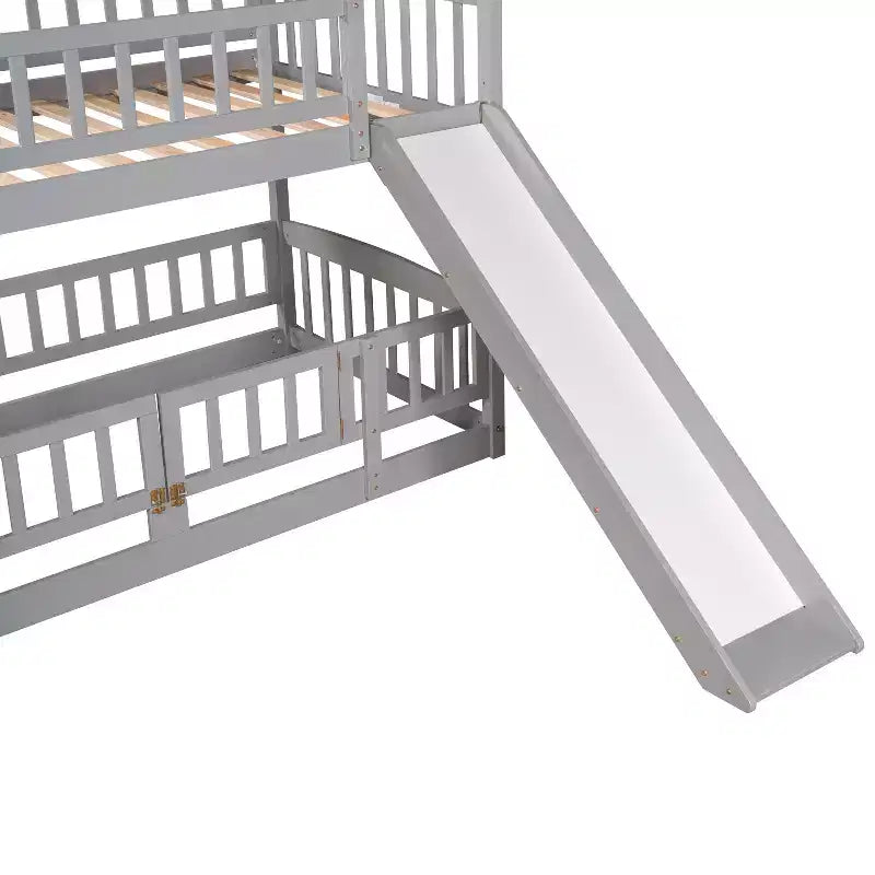 Twin Over Twin Wood Low Bunk Bed with Slide and Ladder-ModernLuxe