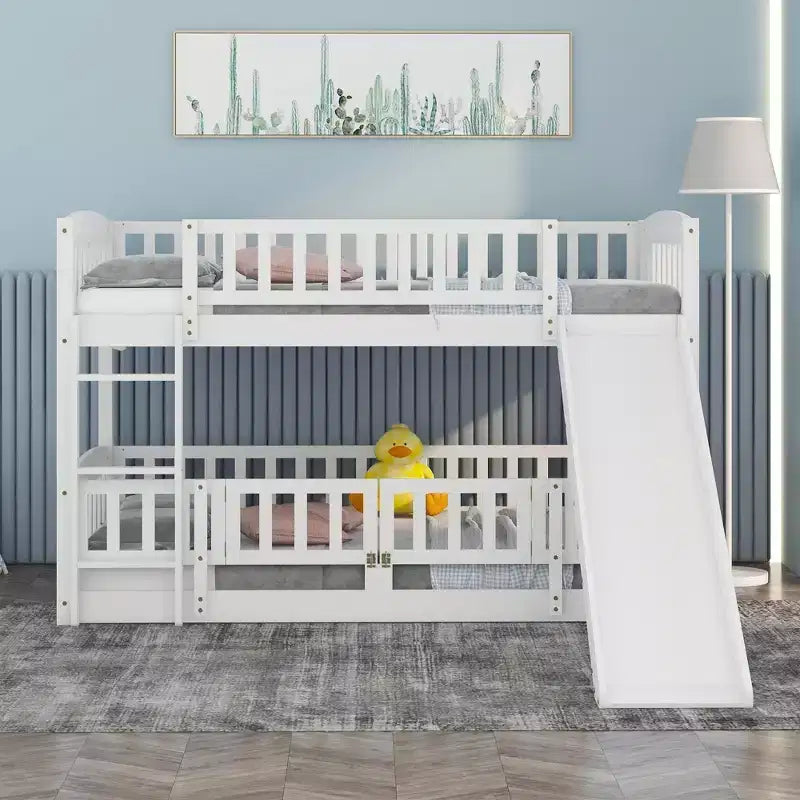 Twin Over Twin Wood Low Bunk Bed with Slide and Ladder-ModernLuxe